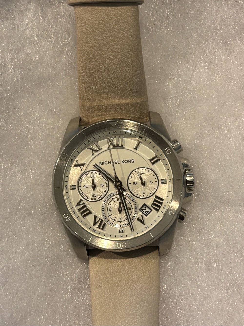 Michael Kors Beige and Silver Leather Chronograph Watch